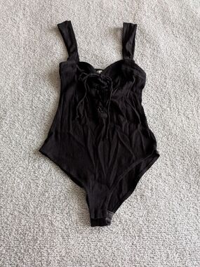 Free People Black Lace-Up Ribbed Bodysuit